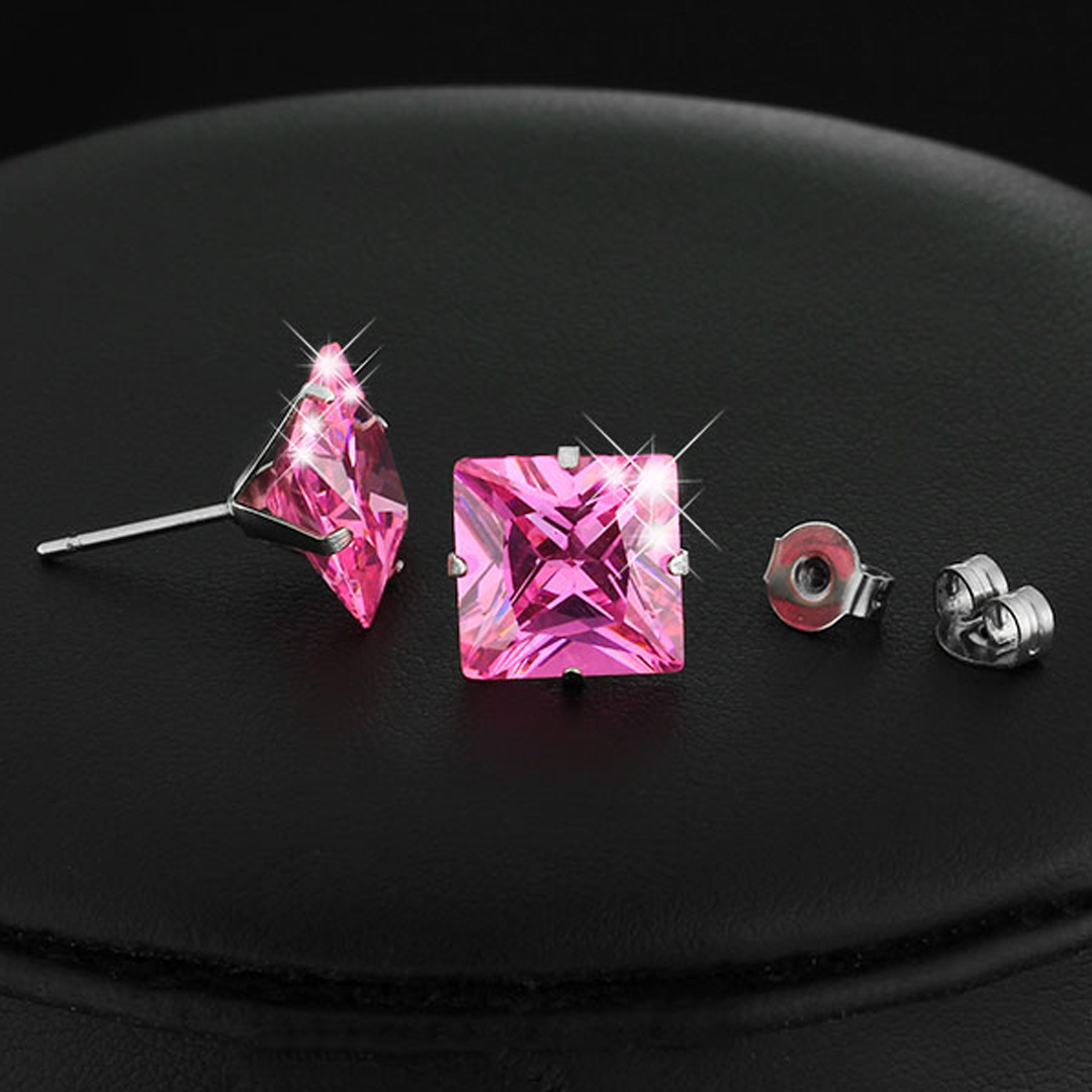 Stud Örhänge Pink Princess - 6mm Princess Cut CZ 316L Stål - 4
