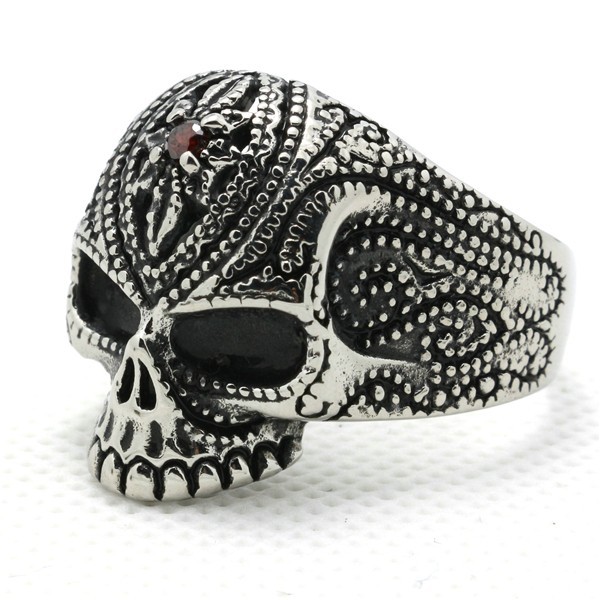 Lord of Skulls - Dödskallering Mönster & Röd Kristall Punkring 316L Rostfritt Stål  - 3