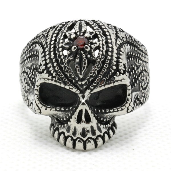 Lord of Skulls - Dödskallering Mönster & Röd Kristall Punkring 316L Rostfritt Stål  - 2