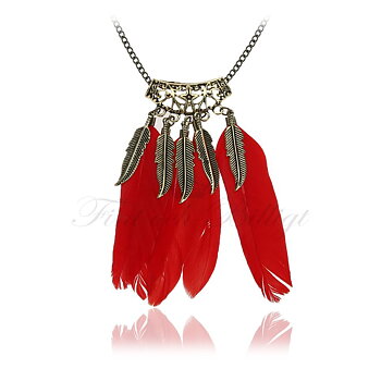 "Red Passion" elegant lang fjerhalskæde vintage med metalfjer og røde fjer