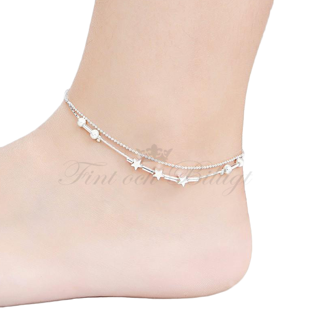 Anklet - Silver Plated Stars and Balls High Gloss and Frosted - Beach Star - 3