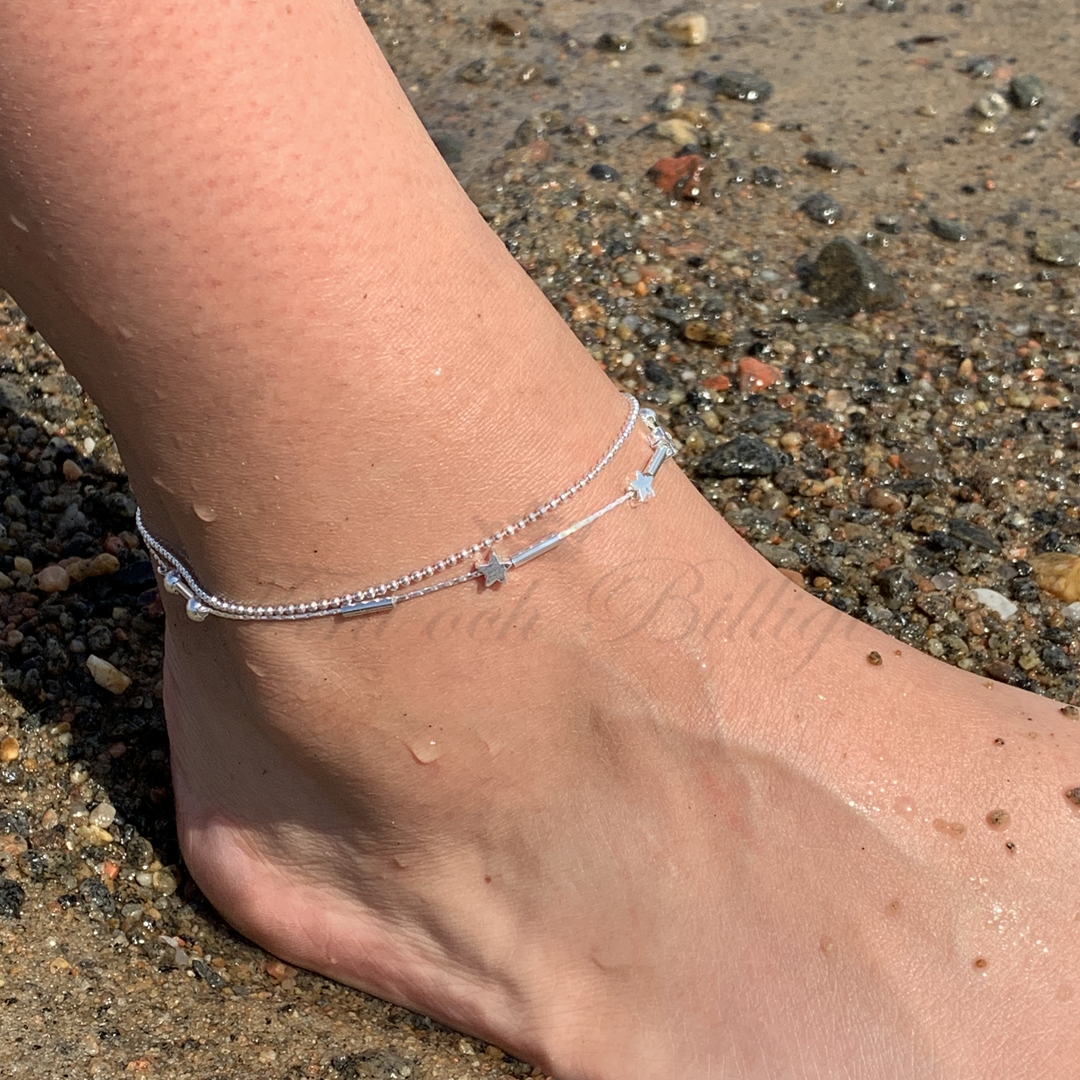 Anklet - Silver Plated Stars and Balls High Gloss and Frosted - Beach Star - 4