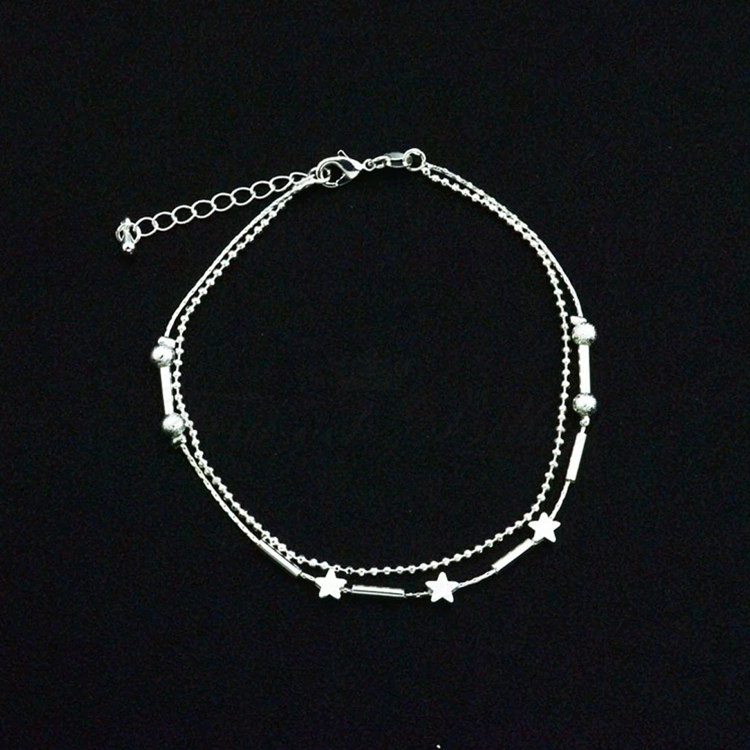 Anklet - Silver Plated Stars and Balls High Gloss and Frosted - Beach Star - 2