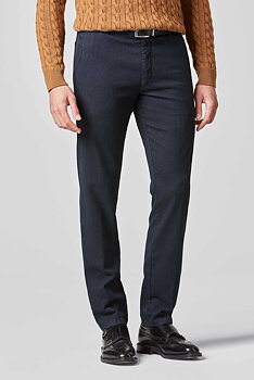 Blå (navy) chinos i Wool Look, Herringbone (fiskben) och modern passform (Meyer / Bonn)