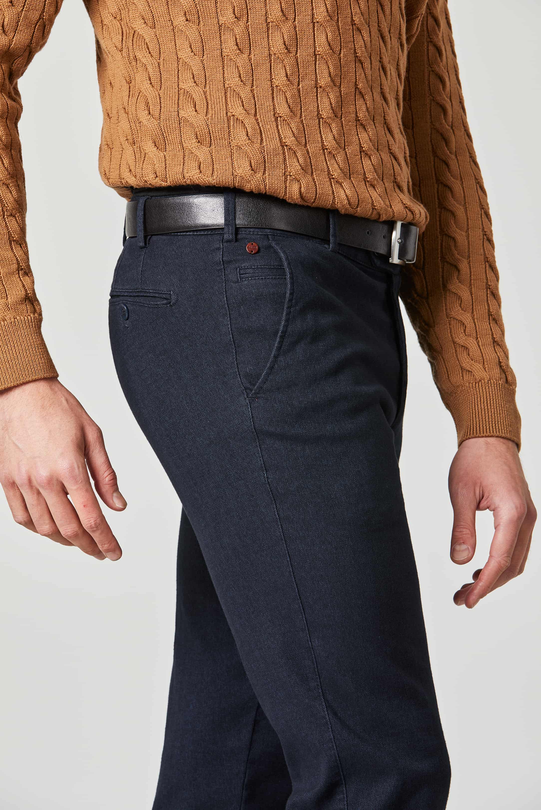 Blå (navy) chinos i Wool Look, Herringbone (fiskben) och modern passform (Meyer / Bonn) - 4