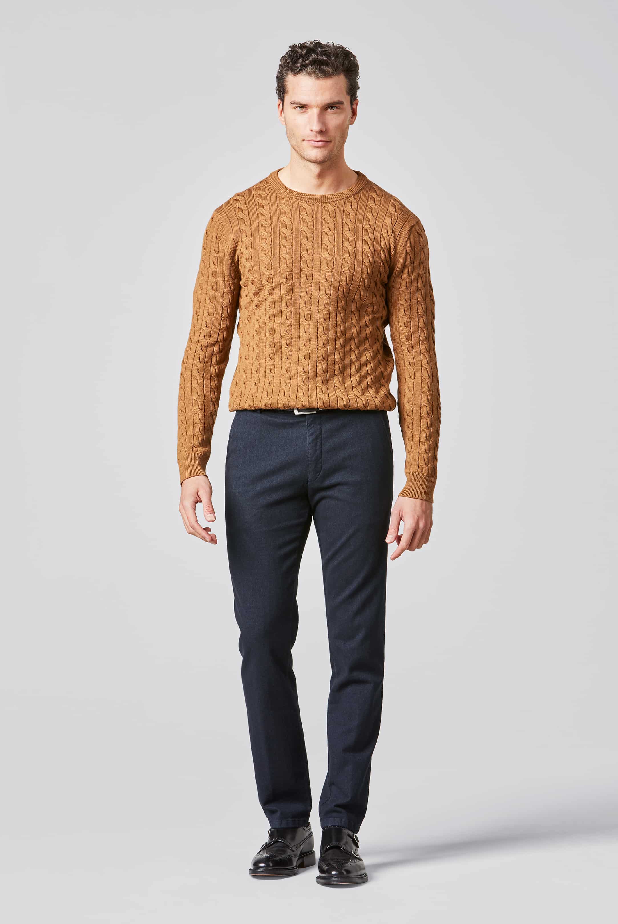 Blå (navy) chinos i Wool Look, Herringbone (fiskben) och modern passform (Meyer / Bonn) - 3