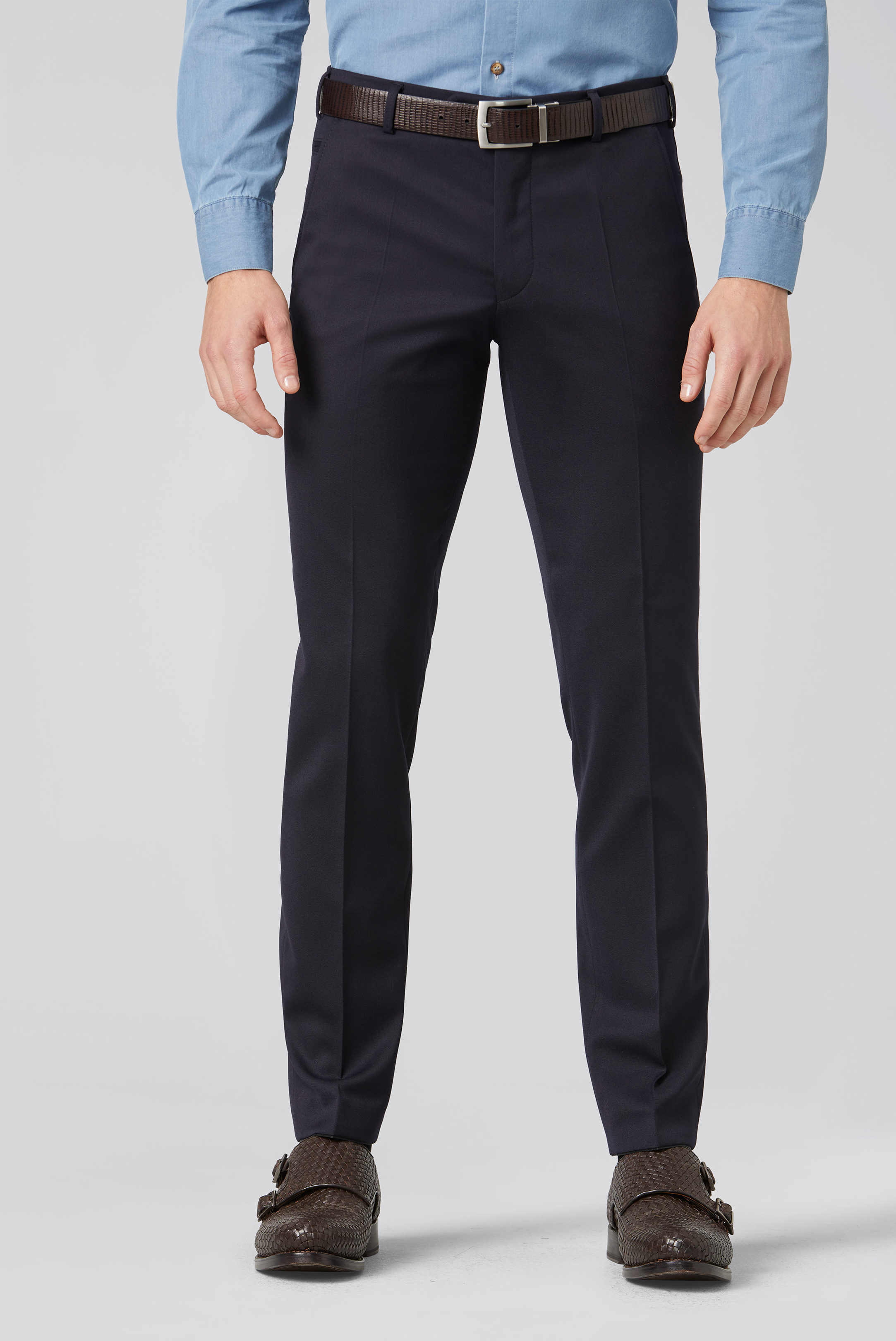 Blå (navy) maskintvättbara ullbyxor i Teflon Twill och modern passform (Meyer / Bonn)