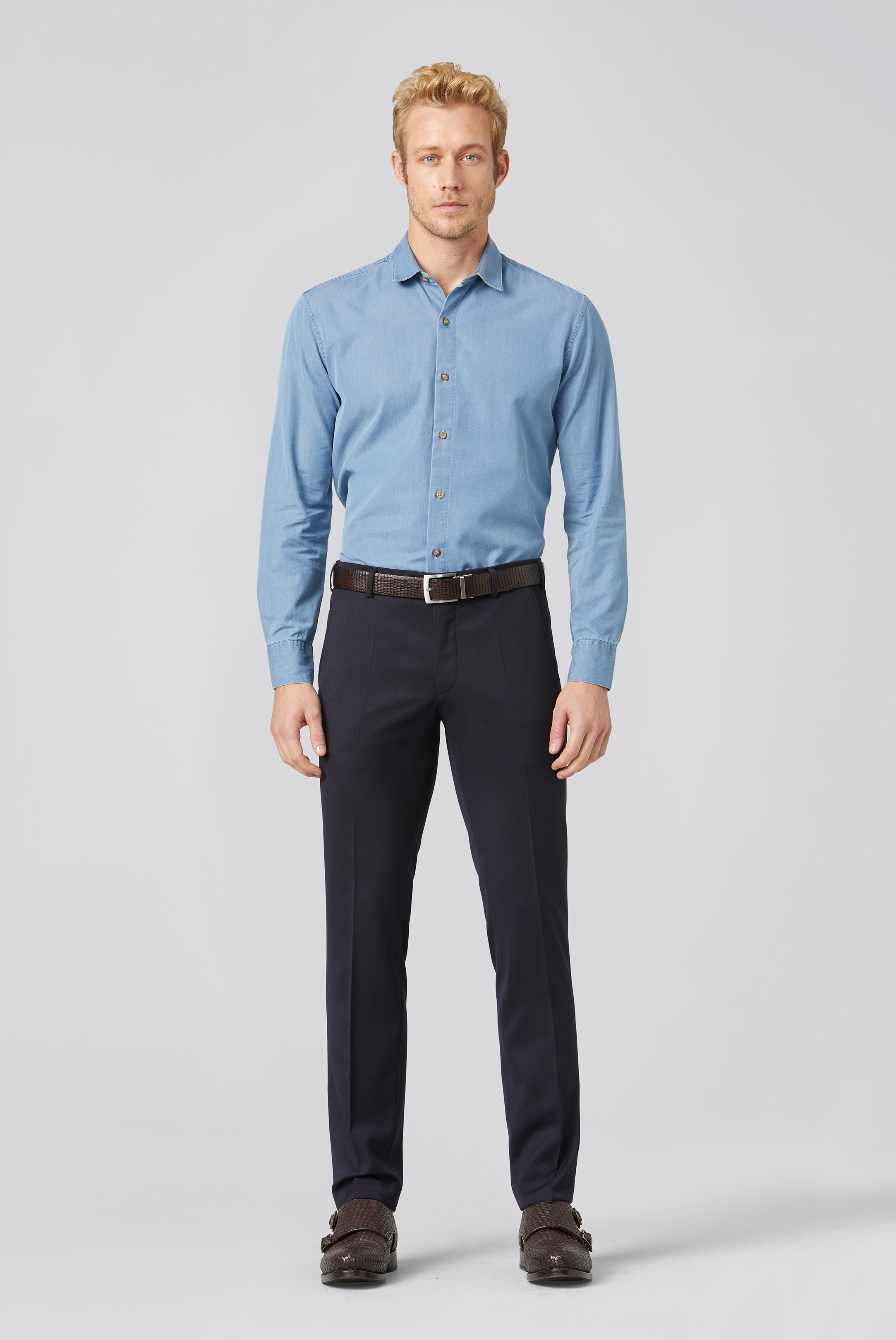 Blå (navy) maskintvättbara ullbyxor i Teflon Twill och modern passform (Meyer / Bonn) - 3