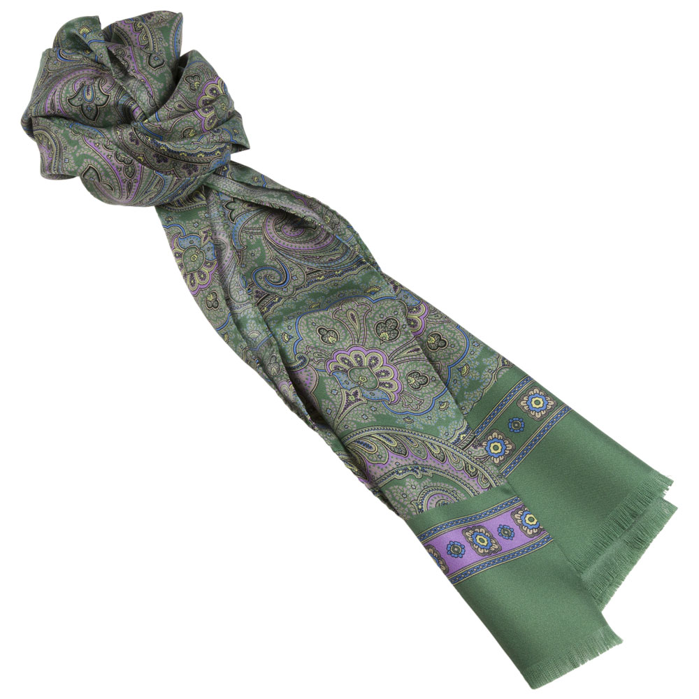 Vävd grön/lila sidenscarf med paisleymönster (Portia)