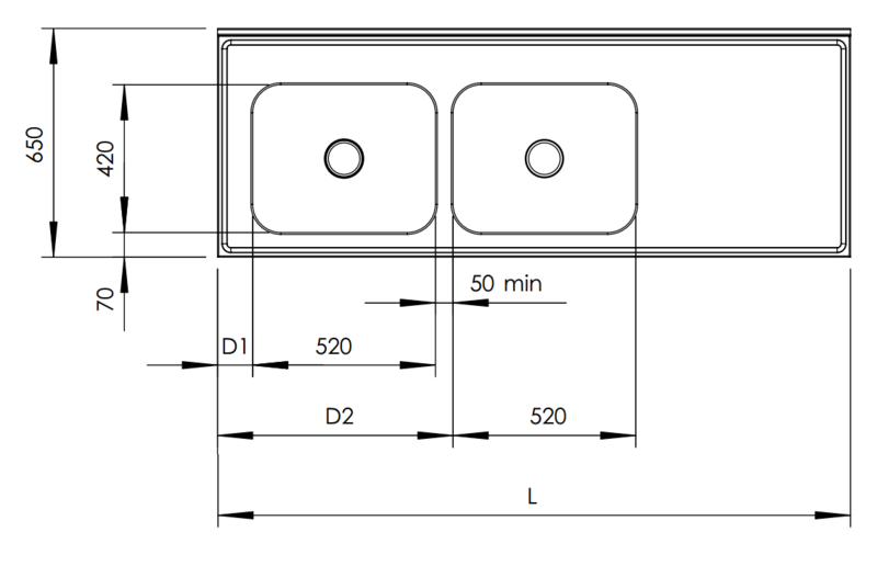 Molins Rostfri bänk med DE-52 och DE-52 650mm djup - 2
