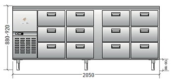 Haglunds - Kylbänk - Slät toppskiva - Inbyggt aggregat - Mått: 2050x650x880-920mm