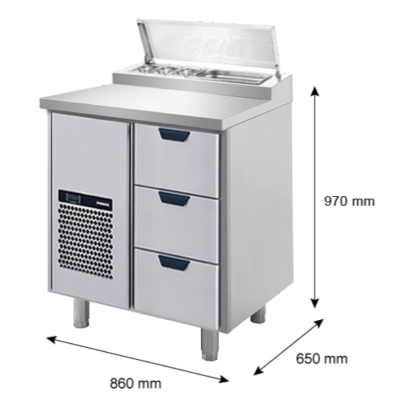 Porkka - Kallskänksbänk med kylränna - Kylaggregat, 1 Modul - Mått: 860 x 650 x 970/1010 mm - 9