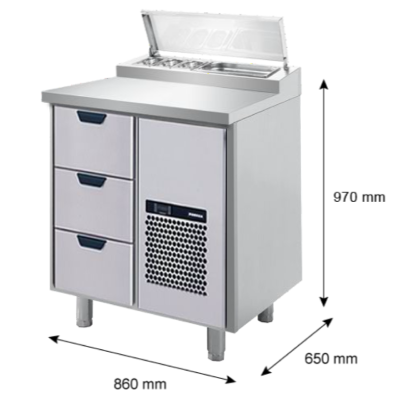 Porkka - Kallskänksbänk med kylränna - Kylaggregat, 1 Modul - Mått: 860 x 650 x 970/1010 mm - 3