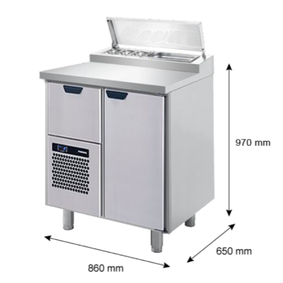 Porkka - Kallskänksbänk med kylränna - Kylaggregat, 1 Modul - Mått: 860 x 650 x 970/1010 mm - 10