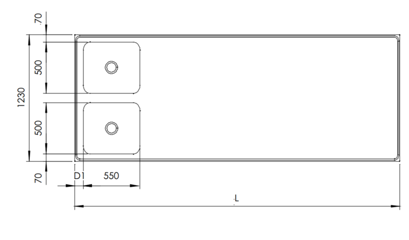 Molins Rostfri dubbelsidig bänk med 2xDE-55 1230mm djup - 2