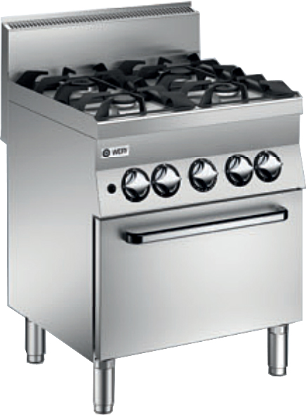Wery CFGE 67P - Gasspis med Elugn - 4 öppna brännare à 6,0 kW - 1/1 GN elektrisk varmluftsugn 4,2 kW - 400V 3N~ - CE-godkänd för 20 mbar/Naturgas