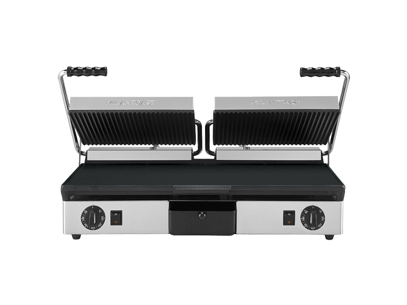 Milan Toast - Klämgrill - Gjutjärn, räfflade laggar, slätt bord - Grillyta 610 x 250 mm - 640 x 380 x 170mm - 3,5 kW 230V 1N~ 16Amp