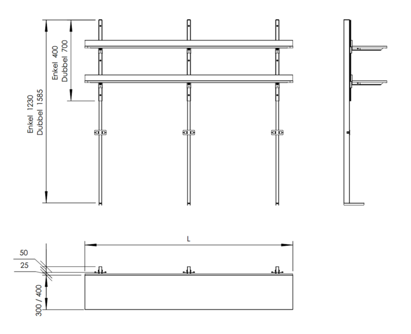 Molins Bänköverhylla enkel 400mm djup med aluminium upphängning - 2