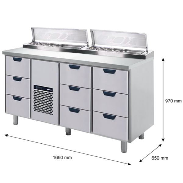Porkka - Kallskänksbänk med kylränna - Kylaggregat,  3 Moduler - Mått: 1660 x 650 x 970/1010 mm - 27