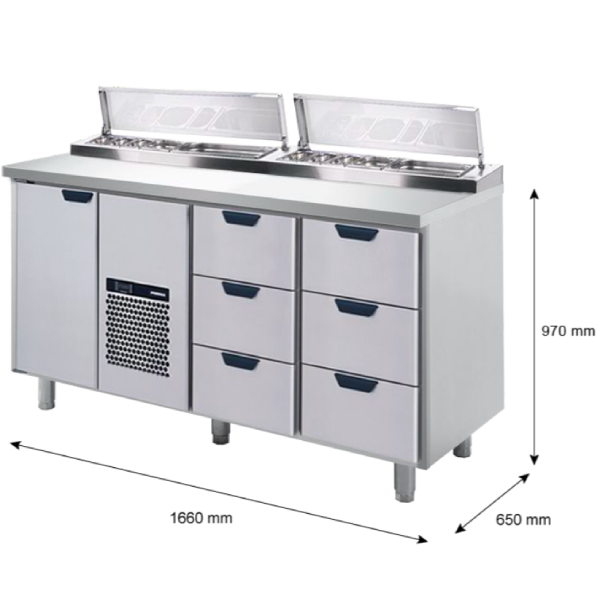 Porkka - Kallskänksbänk med kylränna - Kylaggregat,  3 Moduler - Mått: 1660 x 650 x 970/1010 mm - 9