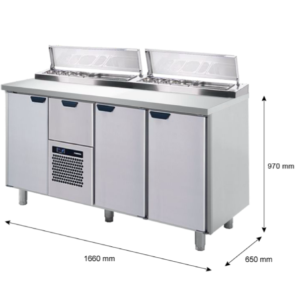 Porkka - Kallskänksbänk med kylränna - Kylaggregat,  3 Moduler - Mått: 1660 x 650 x 970/1010 mm - 28