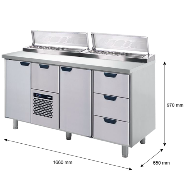Porkka - Kallskänksbänk med kylränna - Kylaggregat,  3 Moduler - Mått: 1660 x 650 x 970/1010 mm - 30