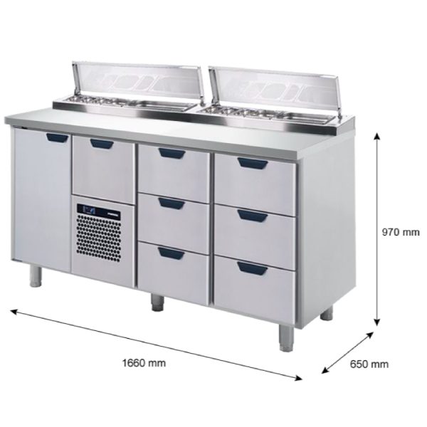 Porkka - Kallskänksbänk med kylränna - Kylaggregat,  3 Moduler - Mått: 1660 x 650 x 970/1010 mm - 36