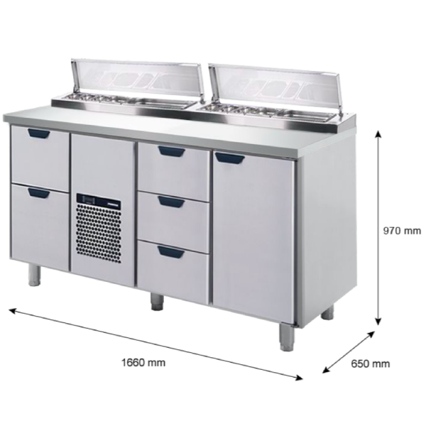 Porkka - Kallskänksbänk med kylränna - Kylaggregat,  3 Moduler - Mått: 1660 x 650 x 970/1010 mm - 16