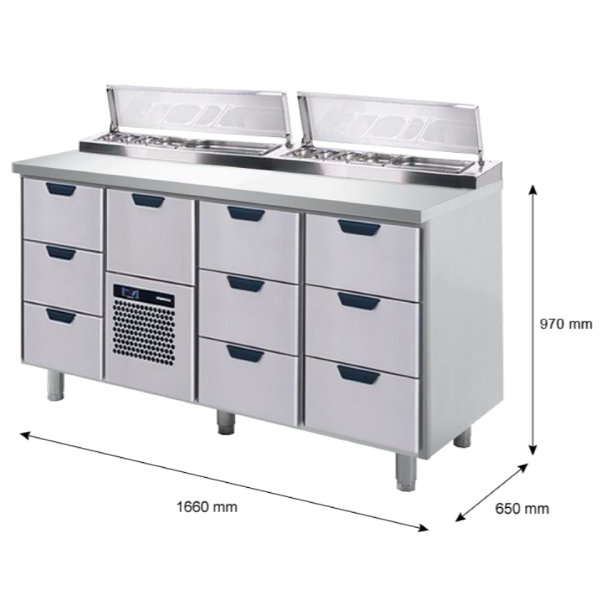 Porkka - Kallskänksbänk med kylränna - Kylaggregat,  3 Moduler - Mått: 1660 x 650 x 970/1010 mm - 54
