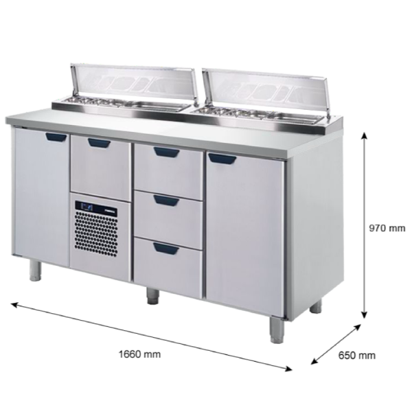 Porkka - Kallskänksbänk med kylränna - Kylaggregat,  3 Moduler - Mått: 1660 x 650 x 970/1010 mm - 34