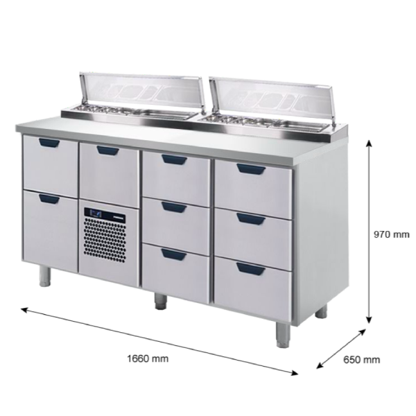 Porkka - Kallskänksbänk med kylränna - Kylaggregat,  3 Moduler - Mått: 1660 x 650 x 970/1010 mm - 45