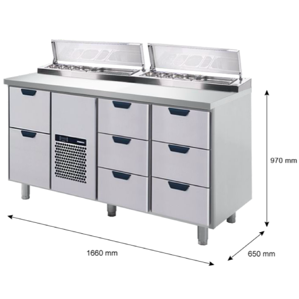 Porkka - Kallskänksbänk med kylränna - Kylaggregat,  3 Moduler - Mått: 1660 x 650 x 970/1010 mm - 18