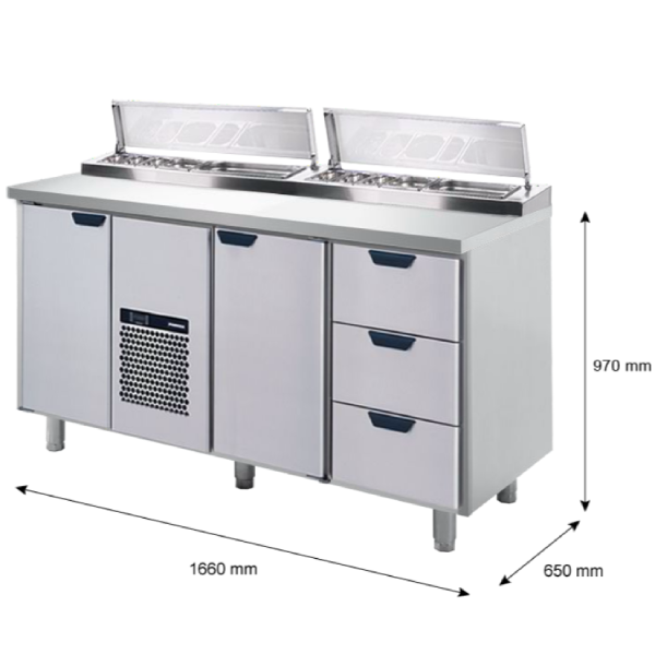 Porkka - Kallskänksbänk med kylränna - Kylaggregat,  3 Moduler - Mått: 1660 x 650 x 970/1010 mm - 3