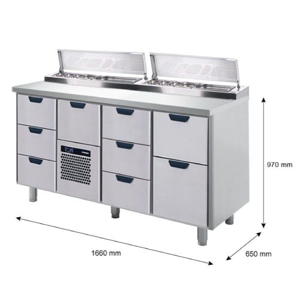 Porkka - Kallskänksbänk med kylränna - Kylaggregat,  3 Moduler - Mått: 1660 x 650 x 970/1010 mm - 53