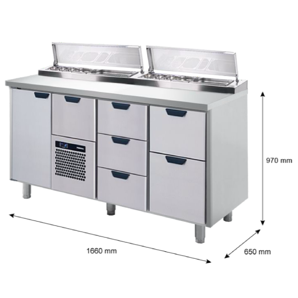 Porkka - Kallskänksbänk med kylränna - Kylaggregat,  3 Moduler - Mått: 1660 x 650 x 970/1010 mm - 35
