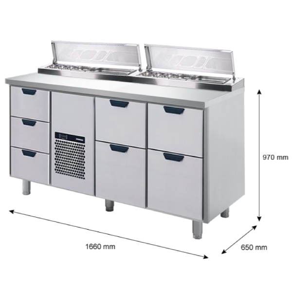 Porkka - Kallskänksbänk med kylränna - Kylaggregat,  3 Moduler - Mått: 1660 x 650 x 970/1010 mm - 23