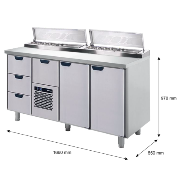 Porkka - Kallskänksbänk med kylränna - Kylaggregat,  3 Moduler - Mått: 1660 x 650 x 970/1010 mm - 46