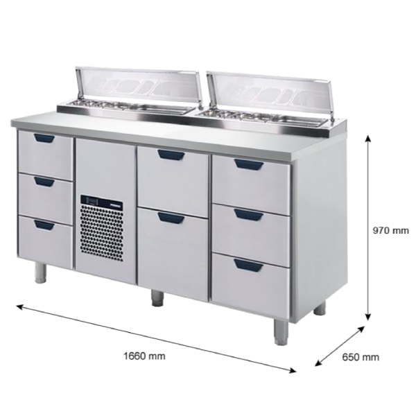 Porkka - Kallskänksbänk med kylränna - Kylaggregat,  3 Moduler - Mått: 1660 x 650 x 970/1010 mm - 24