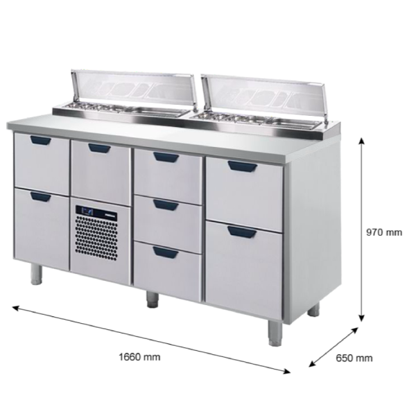 Porkka - Kallskänksbänk med kylränna - Kylaggregat,  3 Moduler - Mått: 1660 x 650 x 970/1010 mm - 44