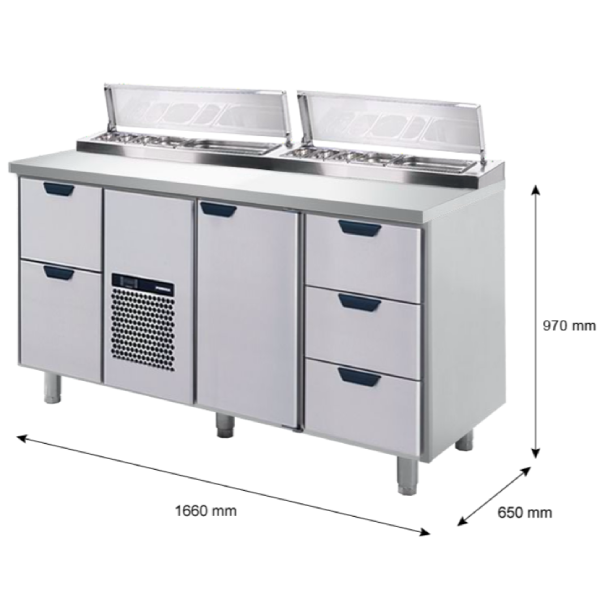 Porkka - Kallskänksbänk med kylränna - Kylaggregat,  3 Moduler - Mått: 1660 x 650 x 970/1010 mm - 12