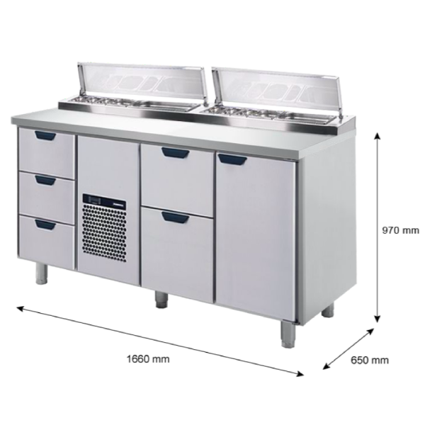 Porkka - Kallskänksbänk med kylränna - Kylaggregat,  3 Moduler - Mått: 1660 x 650 x 970/1010 mm - 22