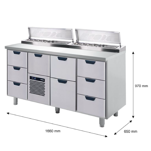 Porkka - Kallskänksbänk med kylränna - Kylaggregat,  3 Moduler - Mått: 1660 x 650 x 970/1010 mm - 51