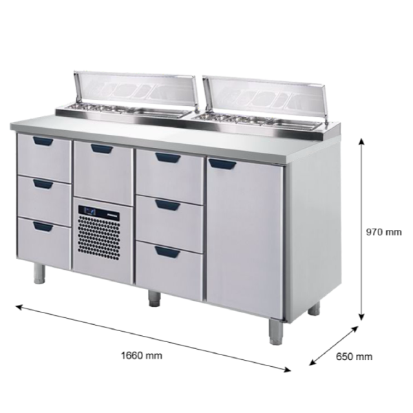 Porkka - Kallskänksbänk med kylränna - Kylaggregat,  3 Moduler - Mått: 1660 x 650 x 970/1010 mm - 52