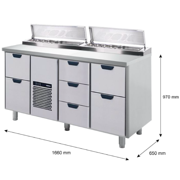 Porkka - Kallskänksbänk med kylränna - Kylaggregat,  3 Moduler - Mått: 1660 x 650 x 970/1010 mm - 17