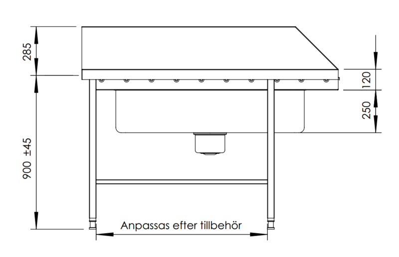 Molins Inmatningsbänk med 1100-bassäng 600mm djup, hög bakkant - 3