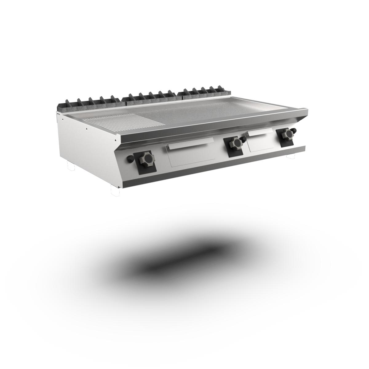 Mareno - Satin-kromstekhäll räfflad gas M1-90 FT912GMCST - 3 zoner, 1/3 räfflad stekyta, termostatreglerad - 1200 × 920 × 250 mm