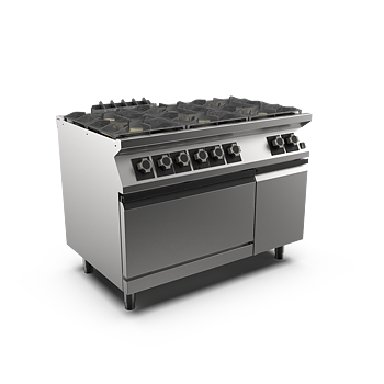 Mareno - Gasspis med el-v ugn Mareno M1-70 PC712GFEV - 6 öppna brännare 3 × 6 kW, 3 × 9 kW - 2/1 GN varmluftsugn 6,0 kW
