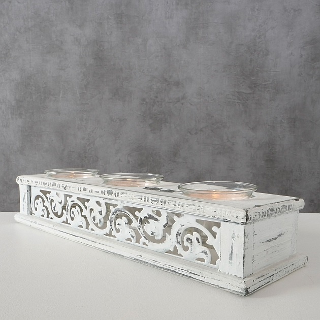 Wood and metal candlestick - Antique white - 31 cm - 3