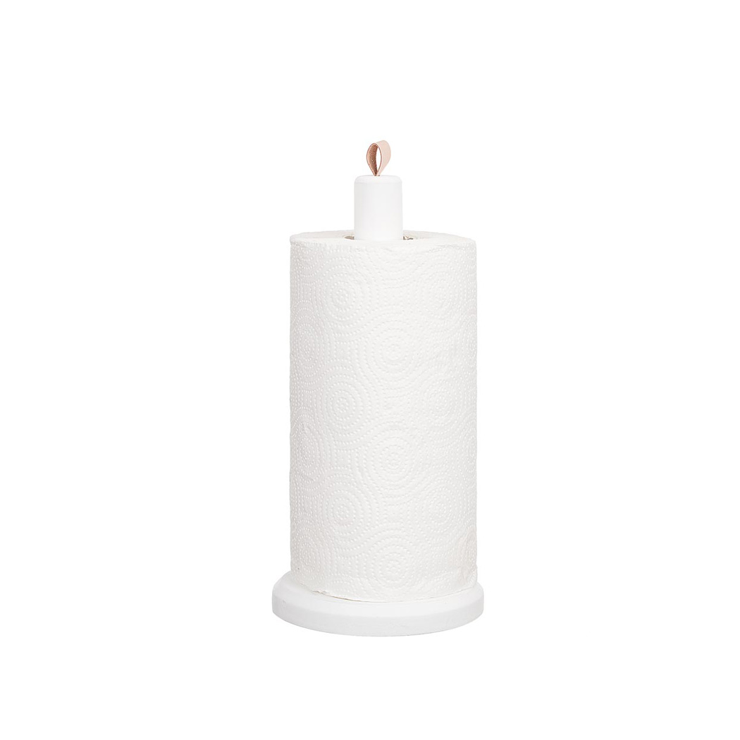 Wooden kitchen roll holder with leather knob - White - 35 cm - 2