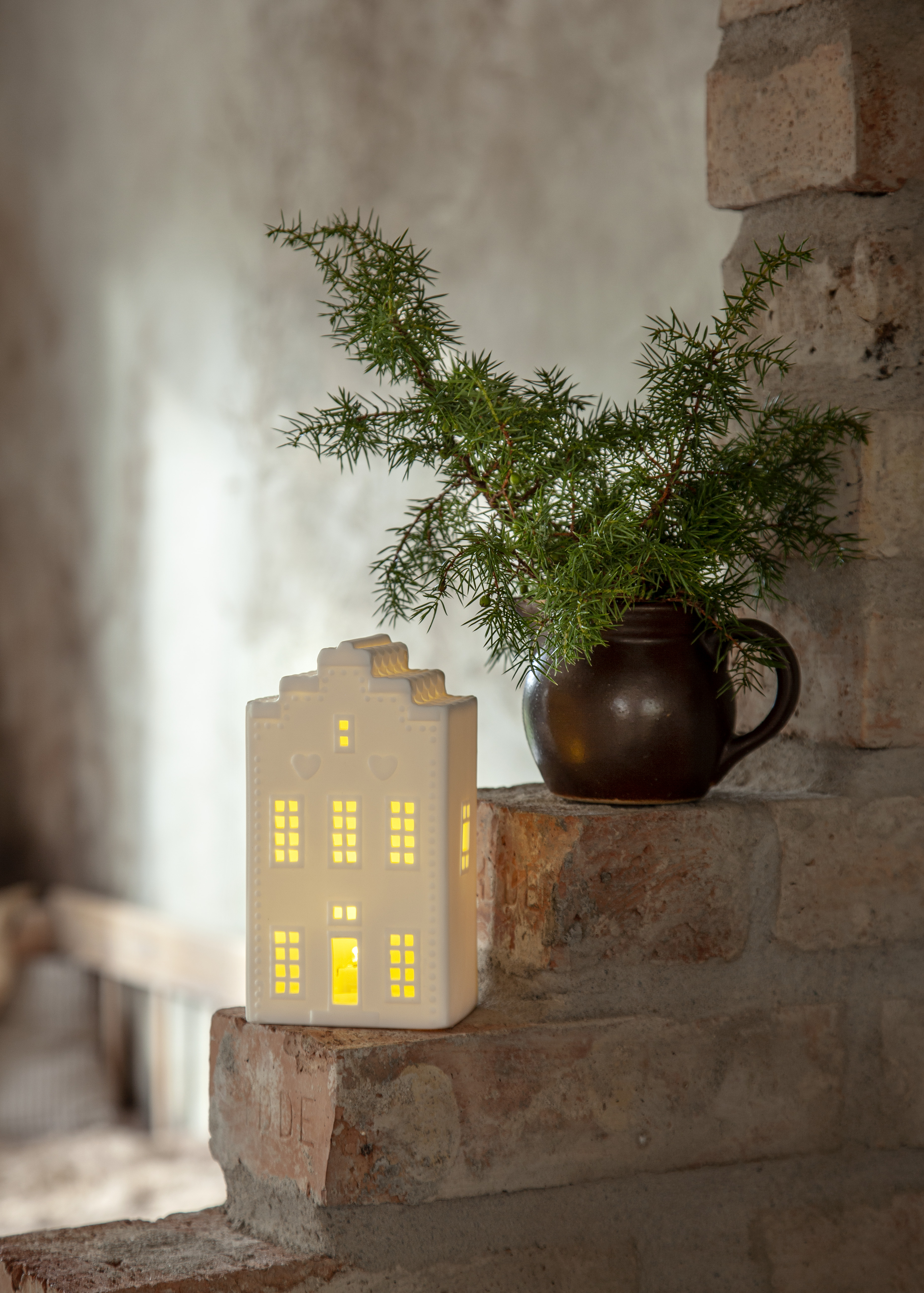 House - Canal house - House lantern with lighting - Battery operated with timer - 16x8.5 cm - 3